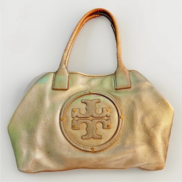 Tory Burch Pebbled Leather Gold Tote Shoulder Bag w/ Logo & 3 Pockets & Mirror - Picture 9 of 12